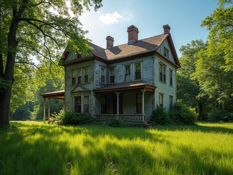 Abandoned plantation house under sunny sky. Lush green vegetation surrounding the house.