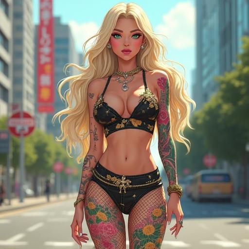 Anime character in futuristic Tokyo. Woman, 52 years old, light blonde hair, emerald green eyes. Wearing edgy streetwear with fishnet prints. Features include big breasts, muscular arms, 6 pack abs. Colorful tattoos on body. Walking in a modern shopping district during summer noon.