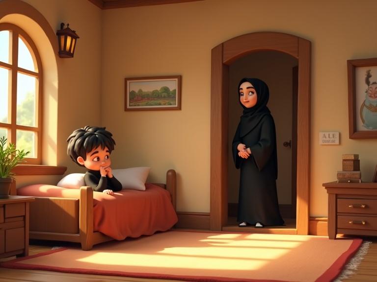 A 3D Disney-style room with warm beige walls and a soft rug. A boy in black clothes sits up in bed rubbing his eyes as an elderly woman in black abaya stands in the doorway smiling warmly.