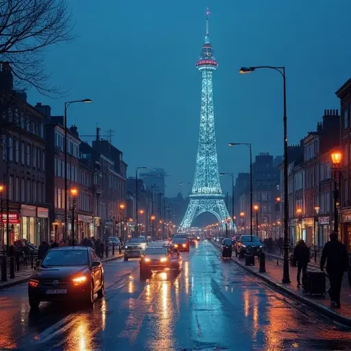 Dublin city features an illuminated Eiffel Tower replica at night. The street reflects the ambient light. Cars are moving. People stroll down the side. Shops glow invitingly. Atmosphere captures the vibrancy of city nightlife.