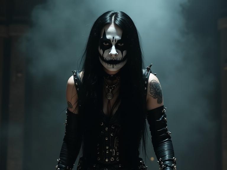 Female musician with long black hair. Wearing black leather outfit with spikes. Face painted with black and white corpse paint. Dimly lit stage with fog. Exudes fierce presence.