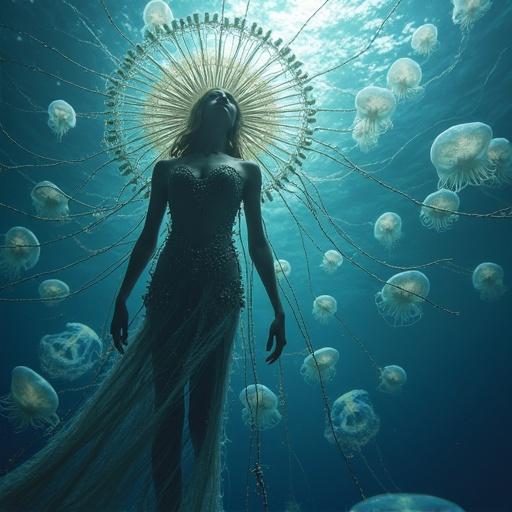 Worm's eye view of a figure merging woman and jellyfish, deep underwater, surrounded by luminous jellyfish with an ethereal glow.
