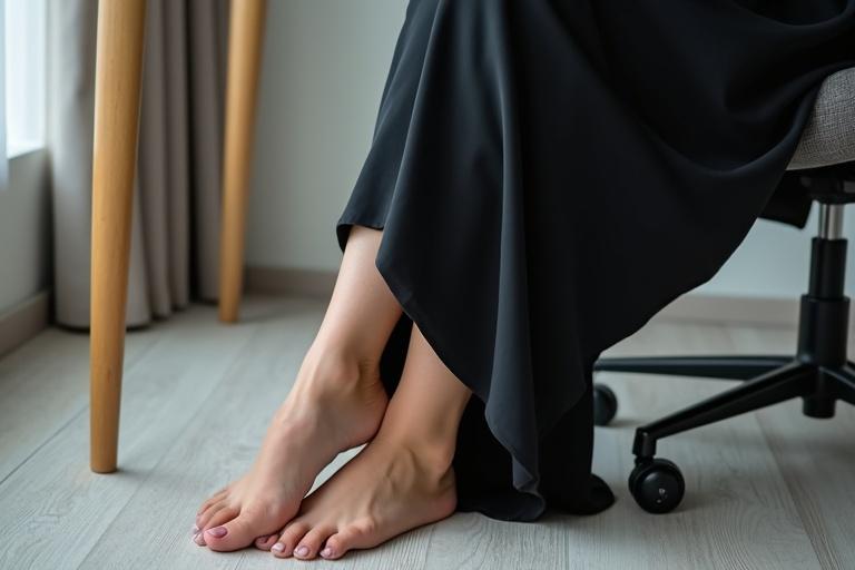 Woman wearing a hijab sits cross-legged in an office. Feet are prominently displayed under the desk. The setting has soft natural light and emphasizes comfort and elegance.