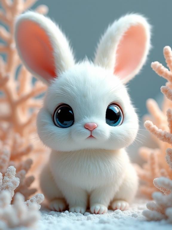 A fantastical furry creature resembling a small bunny with a round body and fluffy coat. It has large, black-blue eyes and rabbit-like ears. The color palette features soft whites, icy blues, and pastel pinks, set against a background of coral-like structures. The style is whimsical, evoking a dreamlike atmosphere.