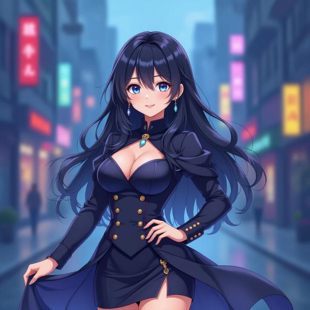 An elegant woman stands confidently in a vibrant urban area at night. The scene features neon lights and a stylish, modern outfit. The setting has a lively nightlife feel with an artistic digital style.