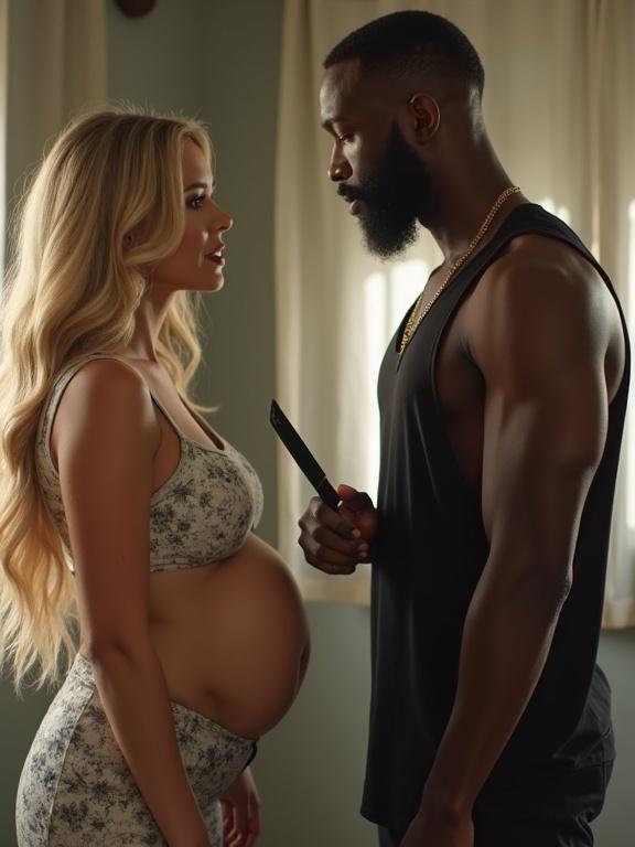 Blonde woman with a very large bust and visible pregnancy, interacting closely with a black man. He holds a knife. Both are positioned facing each other, conveying emotional tension.