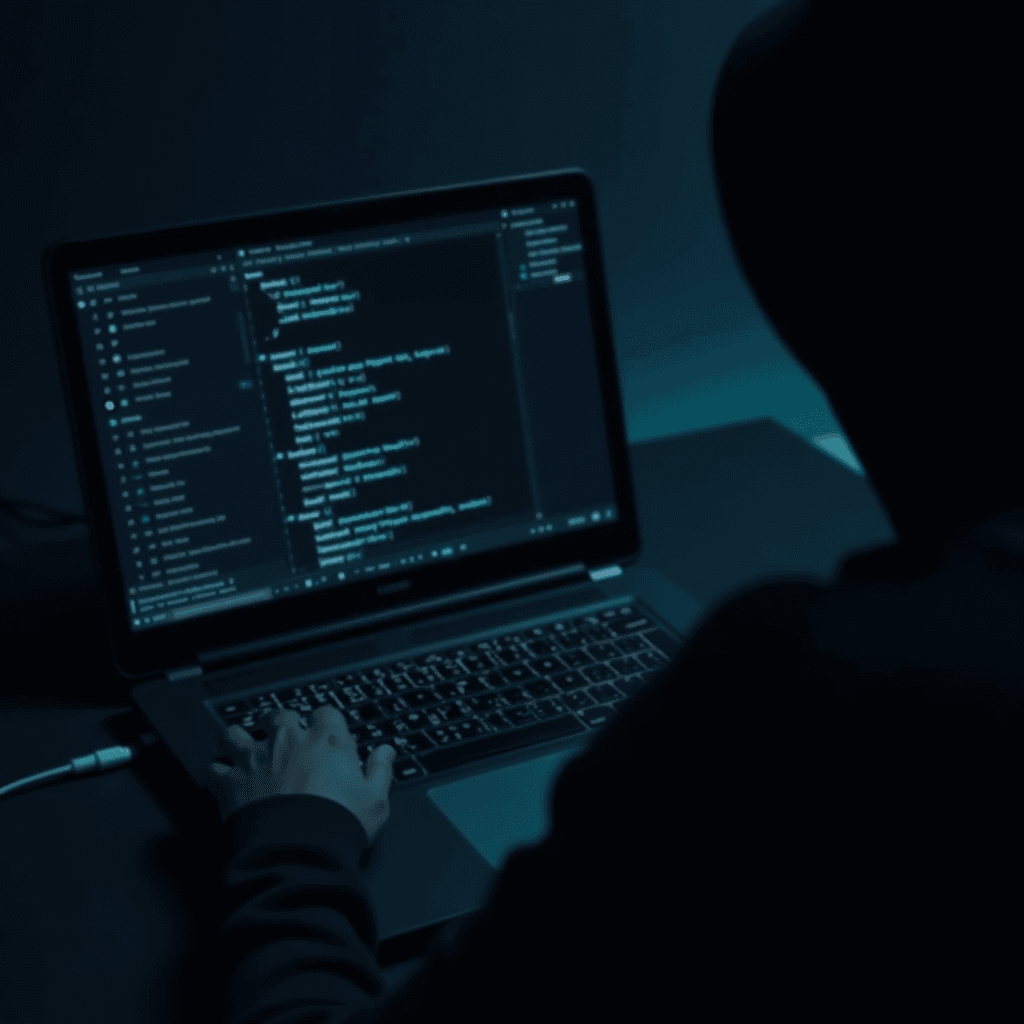 A person in a hoodie is coding on a laptop in a dimly lit room.