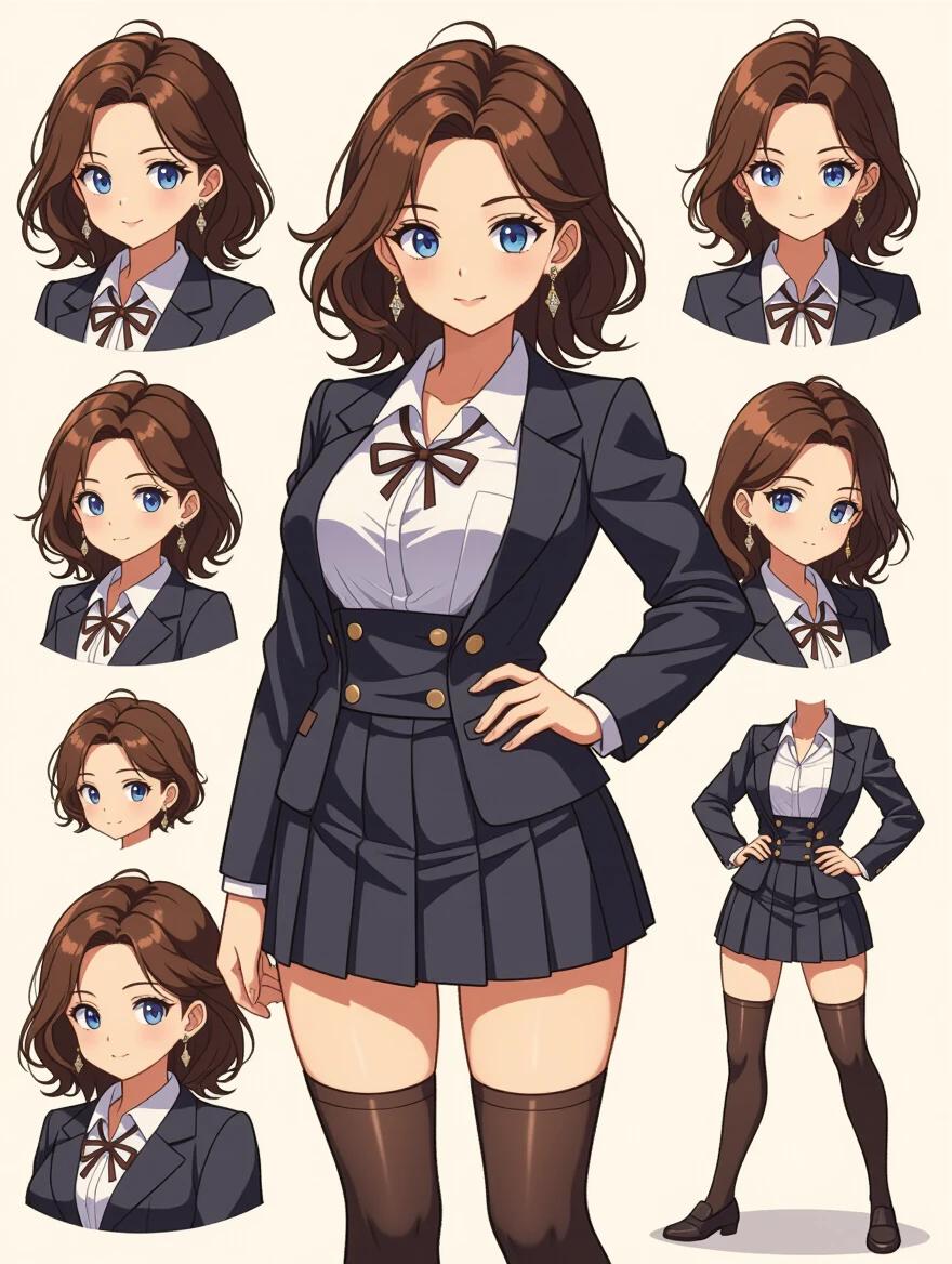 Full body image of a mature single female character dressed in a tight school uniform. She has dark brown hair styled in a messy shoulder-length cut and is depicted in a three-quarter view. The subject has a plump body with wide hips and flashy earrings. The attire includes a padded skirt and high-knee socks. The style features smooth lines, shading, and a soft color palette that highlights the character's features.