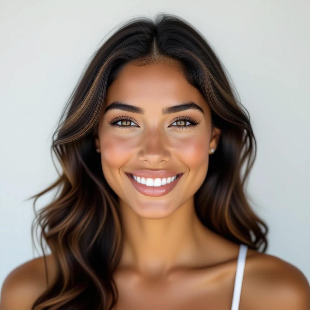 Ultra-realistic medium shot of a woman with bronzed skin and tan lines. She smiles widely at the camera. Her green eyes are detailed. Long wavy black hair has sunlit strands. A few freckles on her cheeks. Background is white with soft lighting.