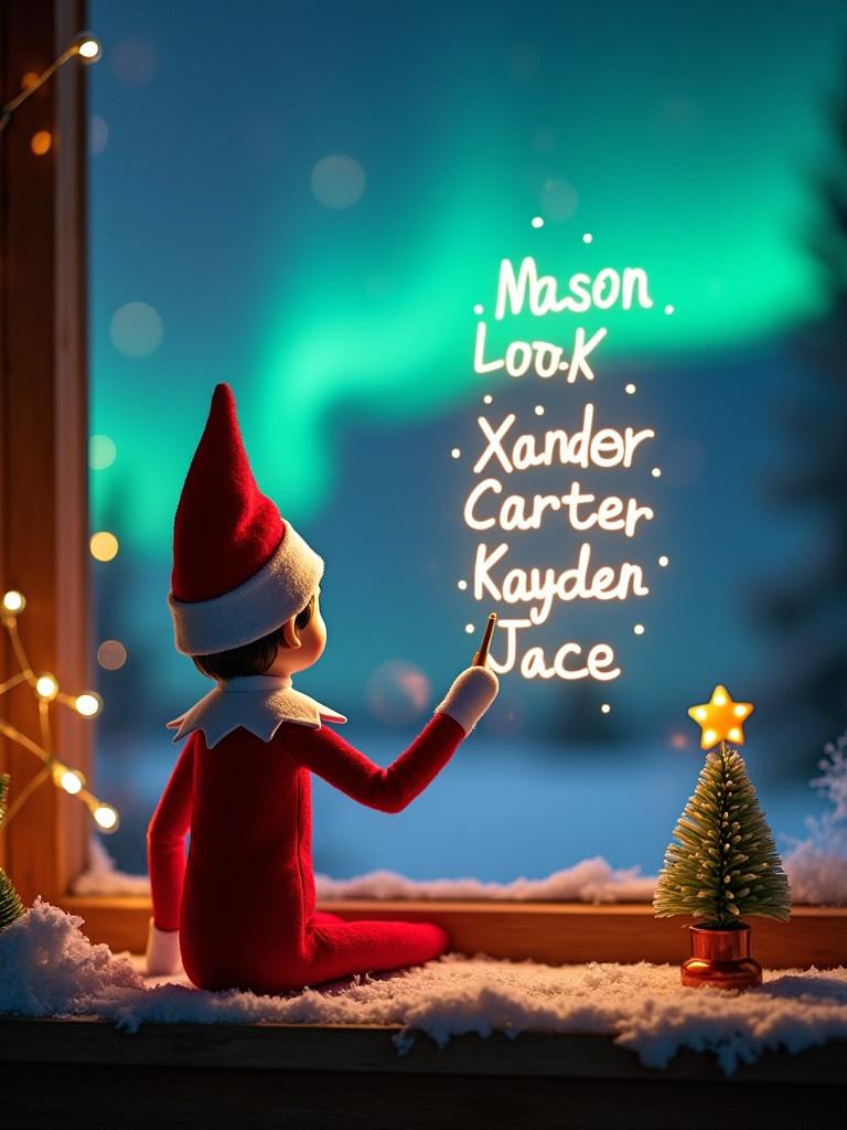 Enchanting Christmas scene shows elf on the shelf. Elf is dressed in red and white. Elf is facing the sky with back to viewer. Elf writes names Mason, Xander, Carter, Kayden, and Jace. Vibrant northern lights create a magical ambiance. Scene embodies festive spirit with decorations and lighting. Moment captures holiday joy and wonder