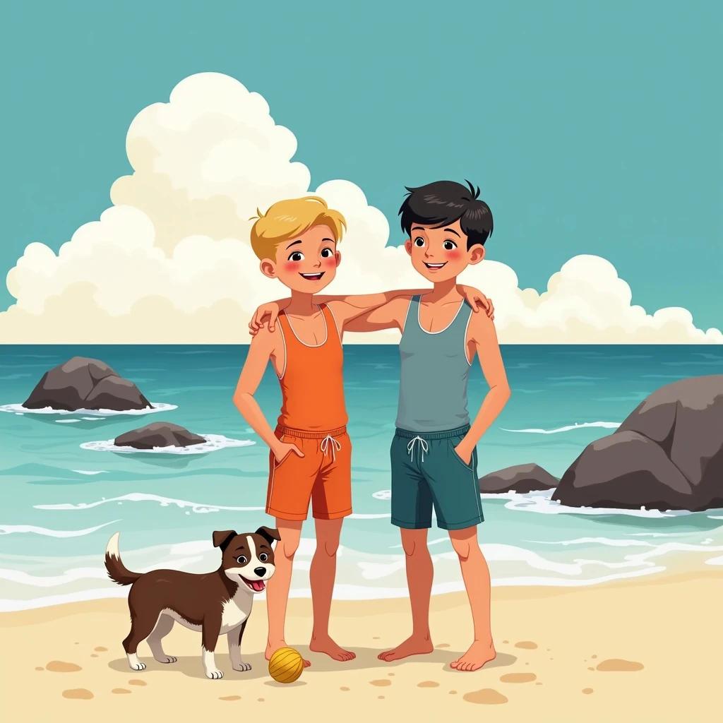 Two boys stand side by side on the beach. One boy has blonde hair. The other boy has short black hair. They wear matching swimsuits. Both are smiling. A brown and white terrier dog stands at their feet. The dog has a ball in his mouth. Large stones and waves are in the background. There are white clouds in a blue sky.