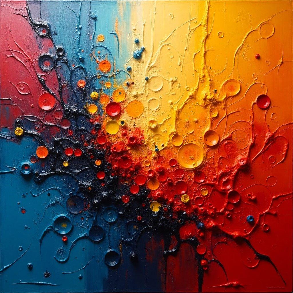 An abstract painting with a burst of vibrant colors and textured circular elements. The artwork features a mix of red, yellow, blue, and orange with a dynamic, energetic feel.