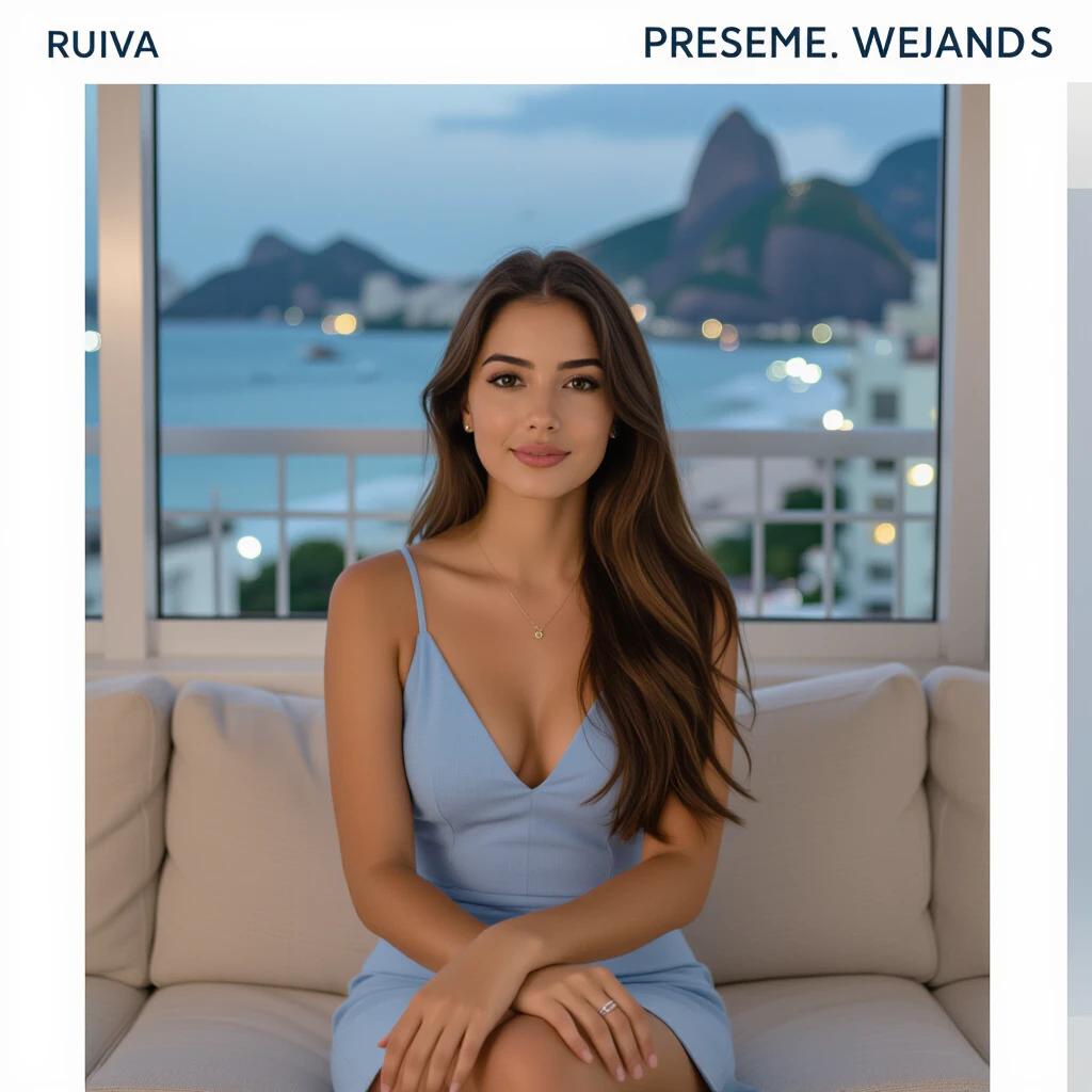Young woman sits on a sofa by a window in an apartment overlooking the street in Rio de Janeiro. She wears a simple blue dress and looks serious. The apartment is modest. It is night outside. The view includes traffic below without iconic landmarks.