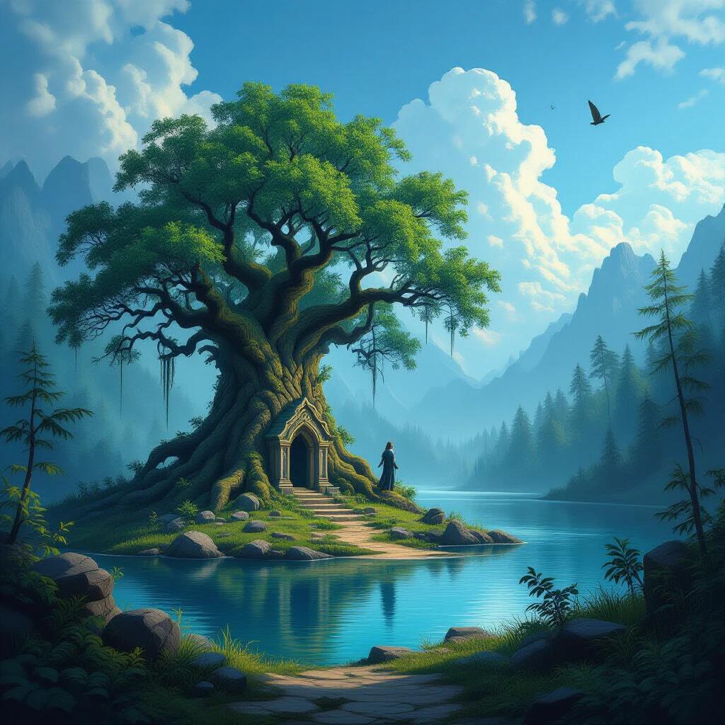 A fantasy landscape with a large mystical tree and a small temple by the lake. Surrounded by tall mountains and a clear blue sky. The scene evokes a sense of wonder and tranquility.