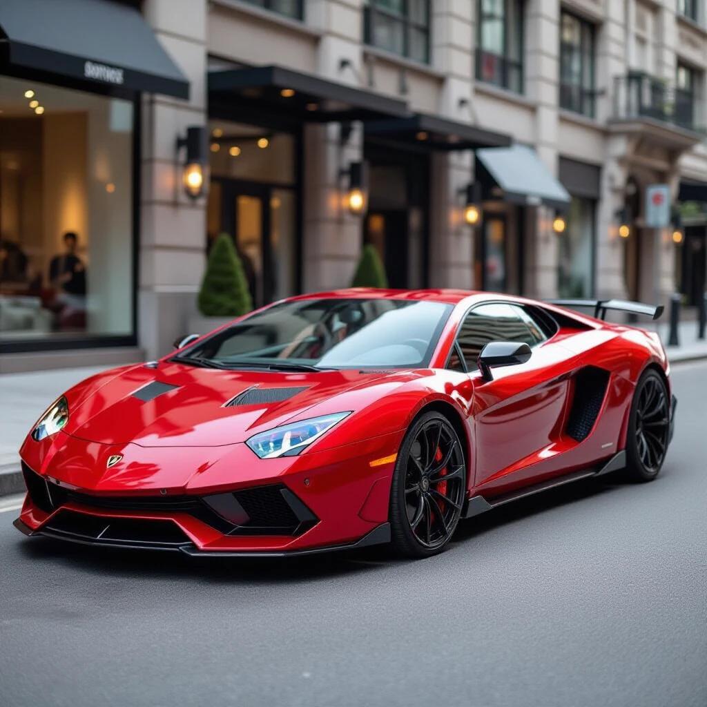Exotic supercar has aggressive styling. It features a high-end paint finish. The car is parked on a city street surrounded by luxury buildings. The focus is on the sleek lines and bold colors of the vehicle.