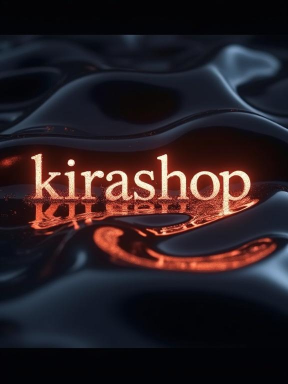 High-resolution image featuring the text 'kirashop.com.ua' in sleek fluid typeface with a wet-look luminescence. Background is a dark reflective surface creating sensual highlights of the glowing text.