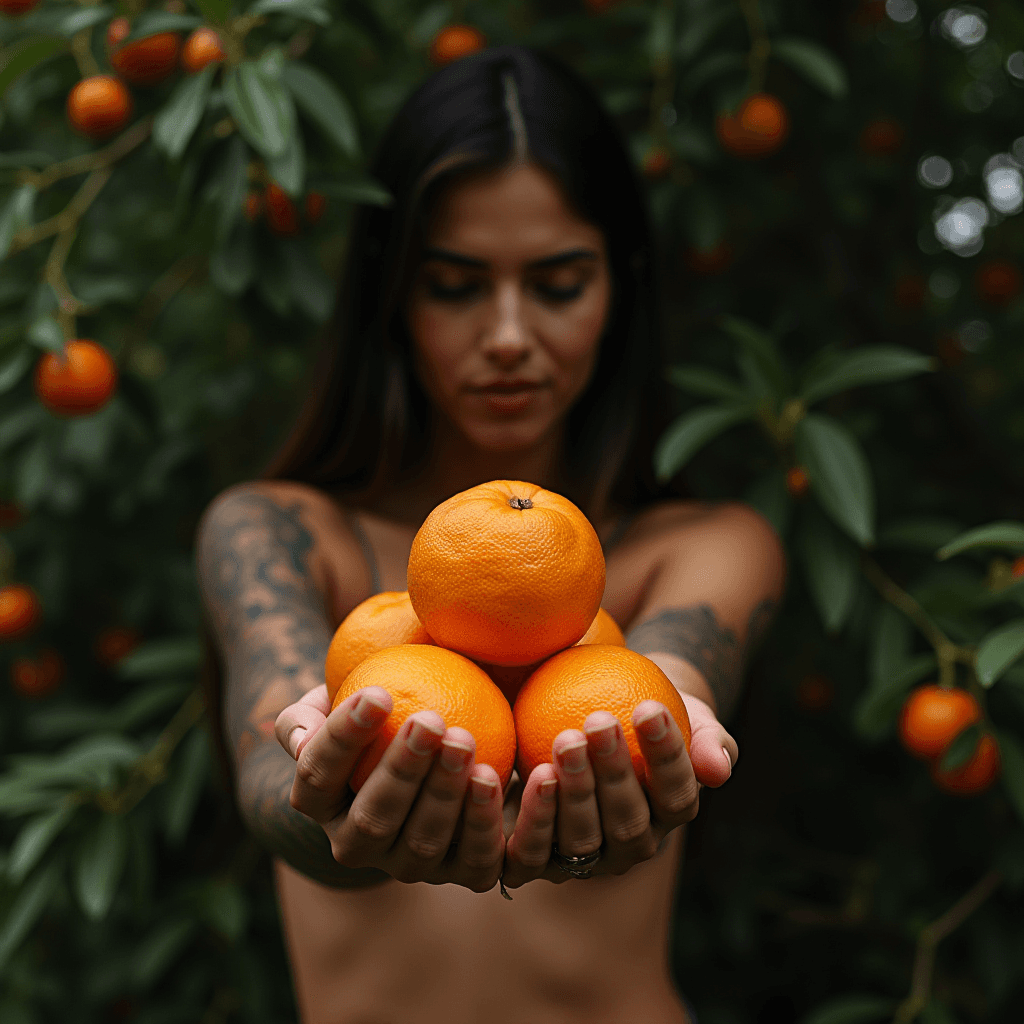 A tattooed woman holds a bunch of vibrant oranges, standing amidst orange trees.