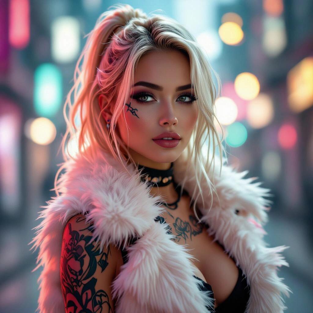 Album cover featuring a blonde cyberpunk model with tattoos. Soft colorful lighting creates a dreamy atmosphere. Bokeh effects in the background enhance the artistic appeal. Model showcases glamorous fur styling.