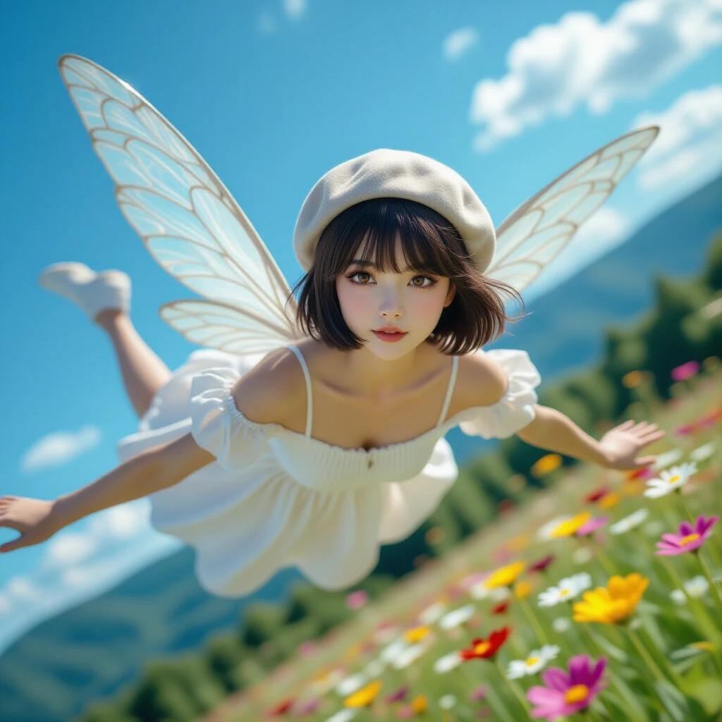 A realistic imagery of a Japanese fairy girl flying in a blue sky. She has short brown bobbed hair and wears a beret. Her white off-shoulder dress flows with the wind. Transparent fairy wings shimmer in sunlight. Below is a blurred flower field. Image captured from a dramatic bird's-eye perspective. Showcases a lively and magical atmosphere.