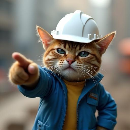 A semi-realistic cat wearing a white hard hat and blue work jacket. The cat has an angry expression. It is pointing to the left with one paw. The background features a construction site. The cat is positioned in a side view with a tense posture.