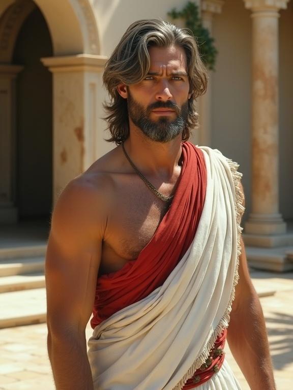 Handsome ancient Greek man with mid-length grey brown streaked hair. He has tanned skin and stands outdoors at his Greek villa. Athletic build, white toga, red sash, grey chest hair. Wearing ancient Greek sandals. Wealthy home backdrop with plastered walls and hanging plants. Slim chiseled face with grey green eyes. Cinematic film still style, Kodachrome colors.