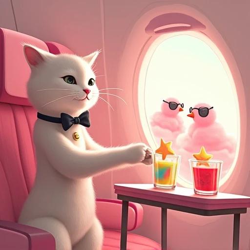 A cat stewardess with a bow tie serves drinks in a cloud plane. Rainbow juices are in star-shaped cups. Outside window shows birds in pilot glasses. Clouds shaped like cotton candy. The cat is positioned to the left. The plane interior is pink and soft in color with rounded lines.