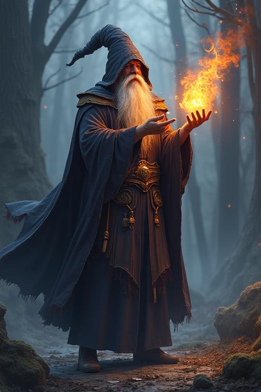 A powerful wizard stands in a dark forest casting fire magic. Long white beard and blue robe with intricate designs. Magical energy glows in hands. Mysterious atmosphere.