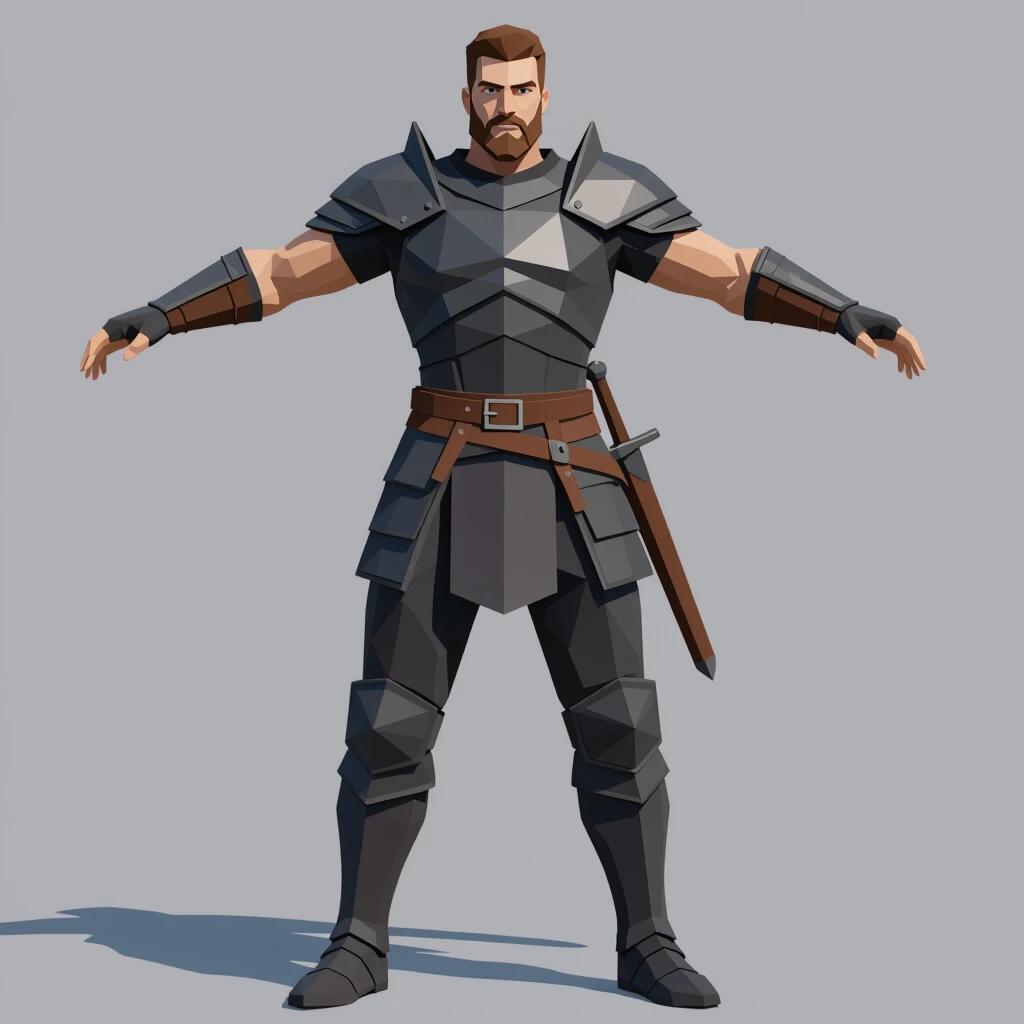3D character design features a low-poly medieval warrior with dark armor covering the chest shoulders and legs. The character has a strong physique and stands in a T-pose with arms spread out against a solid white background.