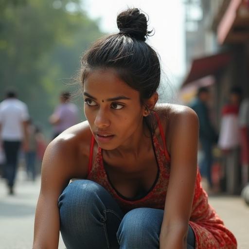 Crouching pose of a 19 year old Indian journalist conducting public interviews. She is in Mumbai's summer heat, very skinny with an emaciate physique. Outfit includes a sleeveless kurta and jeans. Hair neatly tied into a bun. Sweaty appearance due to the heat.