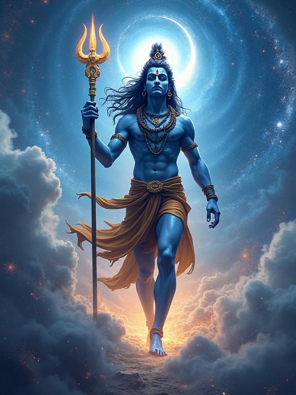Lord Shiva walking upward through a swirling galactic vortex. Radiant nebula clouds surround him. His body glows deep blue. Ash stripes and Sanskrit inscriptions on his body. Serpent coiling around his neck. Long hair moves like energy tendrils. Crescent moon on his head. Third eye on forehead. Enormous golden Trishul in hand. Star trails and constellations behind him. Particles of light orbiting around him.