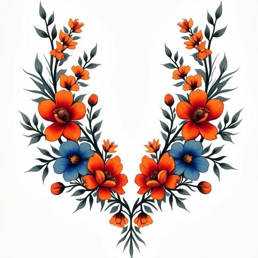 Symmetrical floral tattoo design with two curved floral lines. Lines begin at top of hips and flow toward center of lower abdomen. A large number of flowers in vivid red, orange, and blue. Light green foliage supports the composition without being overpowering. No roses. Ornamentation or illustrative styles are suitable. Rich and expressive design for a tattoo sketch on the lower belly.