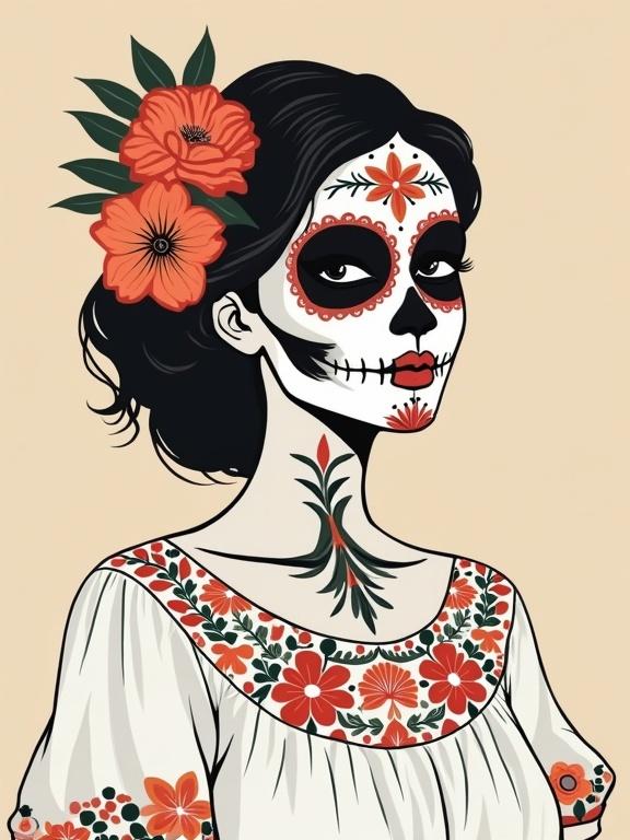 Minimalist vector illustration of a woman with traditional Mexican death makeup. Intricate black and white designs with floral motifs. Serene expression highlighted eyes. Traditional blouse with floral embroidery. Dark hair styled with flowers. Simple flat design, limited color palette. Clean modern style.