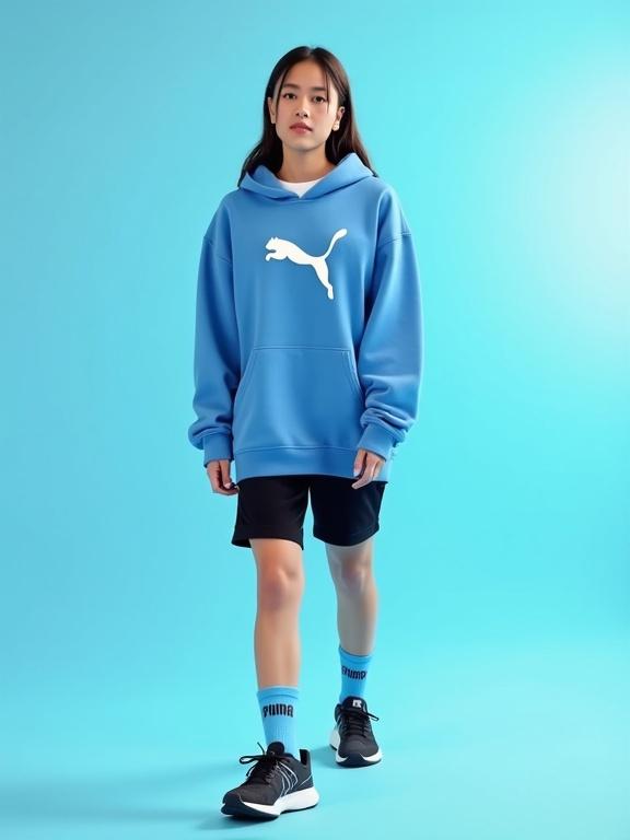 A young woman in a blue oversized hoodie with a Puma logo is walking. She wears black shorts and blue Puma socks. Black and white Puma Speedcat sneakers complete her look. One hand is raised slightly. Background features a light blue gradient, darker at the bottom. Soft lighting highlights her outfit. The aesthetic is modern and minimalistic with a focus on sporty fashion.