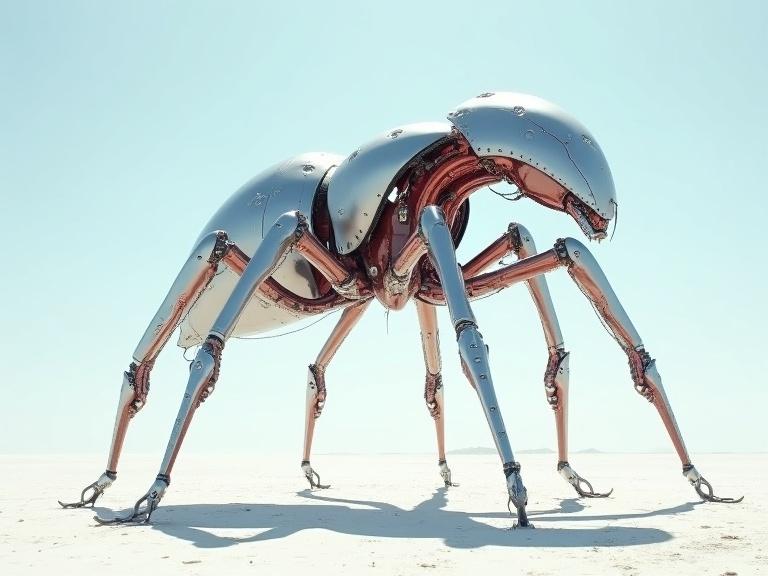 Huge sleek skinny slender silver robotic ant in a white desert under a clear blue sky. This biomechanical creature has red LED details and visible textures. It features six legs and is positioned prominently against a bright background.