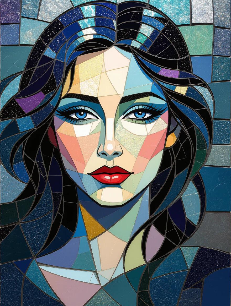 Intricate artwork showcasing a stunning design of iridescent ceramic tiles and glass in mosaic form. The color palette includes deep blues and greens. The design is abstract and ethereal, created with encaustic mixed media techniques. The piece stands out with its unique texture and intricate details.