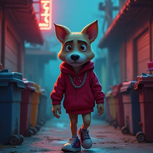 A cartoon-style anthropomorphic dog wearing a red hoodie and sneakers walks nervously in a narrow Indian alley at night. Surrounding trash cans and flickering streetlight add to the gritty yet colorful scene. The dog expresses fear and confusion.