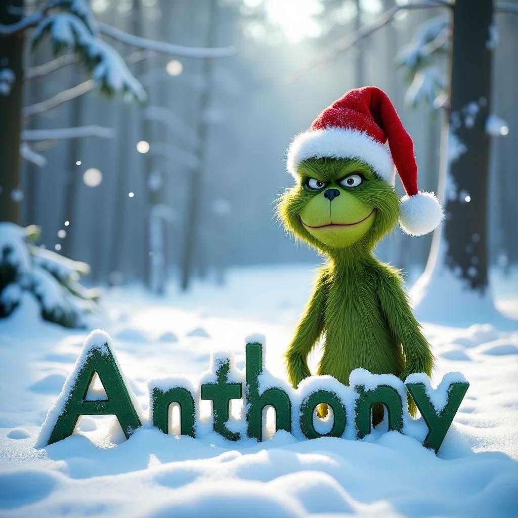 Grinch character appearing in a snowy landscape. Grinch wears a Santa hat. The name 'Anthony' appears in the snow. Background includes snow-covered trees and winter scenery.