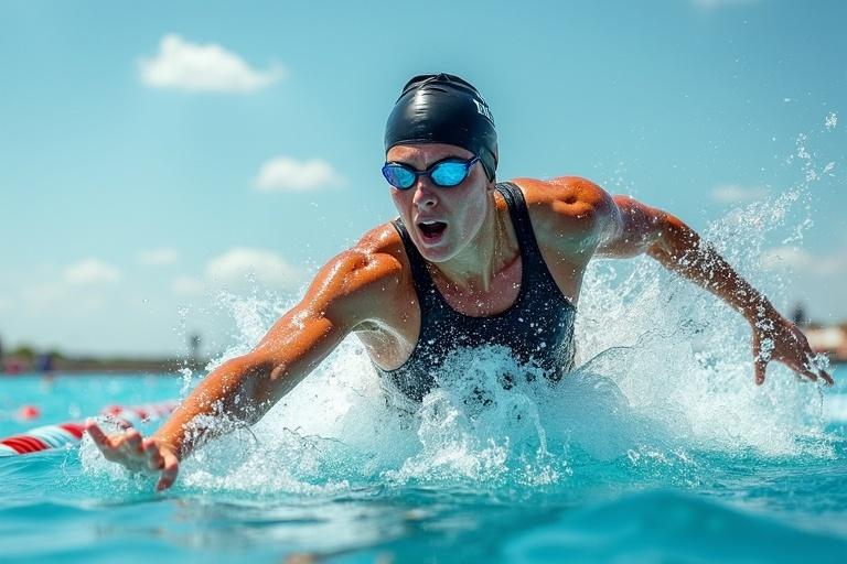 Stunning hyper detailed photograph of a swimmer competing in a race. Daytime conditions with a clear sky. The swimmer wears a sport uniform and displays intense focus and power. Captures the essence of swimming with vibrant colors and exceptional sharpness. Composition highlights movement, agility, and athleticism. Dramatic lighting enhances muscle contours.