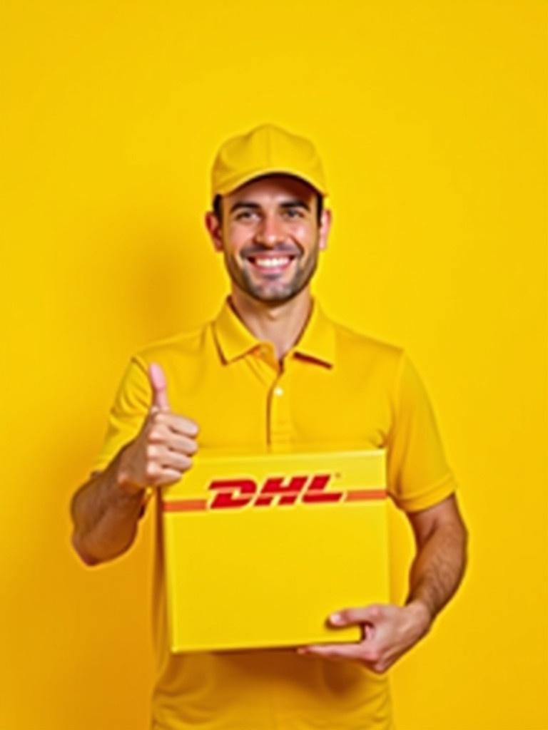 Smiling delivery worker stands with delivery box on yellow background. Yellow cap and shirt worn. Box held in one hand. Other hand giving thumbs up.