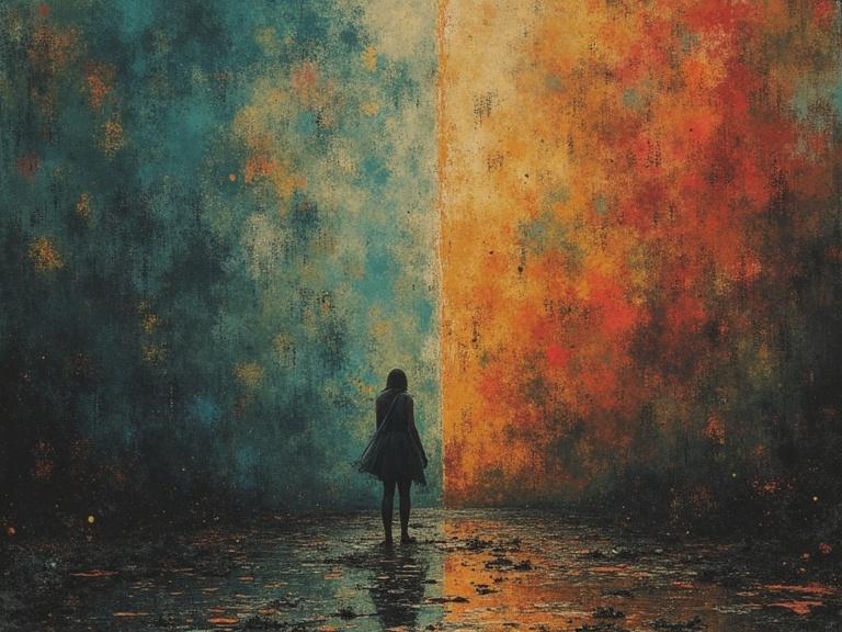 Illustration of a figure standing between two contrasting colors. Background is divided into blue and orange hues. Surreal atmosphere. Suggests themes of societal divide and youth disconnection.