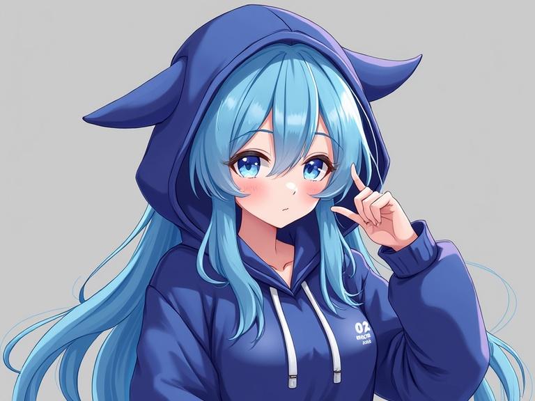 Anime character wearing a blue hoodie with long blue hair. Character looks at the viewer. Soft expression with a hint of playfulness.