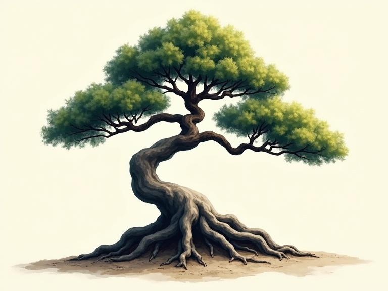 Screen print of an elegant bonsai tree. Art is hand-painted with great detail and features a simple background.