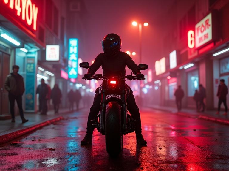 Motorbike with rider in a neon-lit street. Vibrant colors and eerie atmosphere. Moisty street reflects the lights. Crowds walk in the background. Futuristic aesthetic.