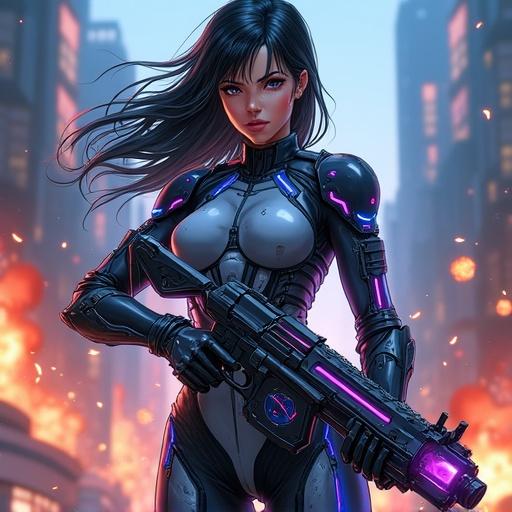 Futuristic female warrior in a combat suit holding energy pistol. Background features a cyberpunk city under attack with explosions. Anime-style art inspired by popular sci-fi themes. Image shows dynamic action, vivid colors, and intense lighting.
