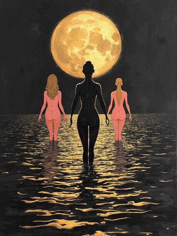 This image captures three figures in water rendered with a burnished gold effect. The artwork has a watercolour style, featuring ink on a dark canvas. The scene showcases shiny pink and beige women wading into the sea under a full moon.