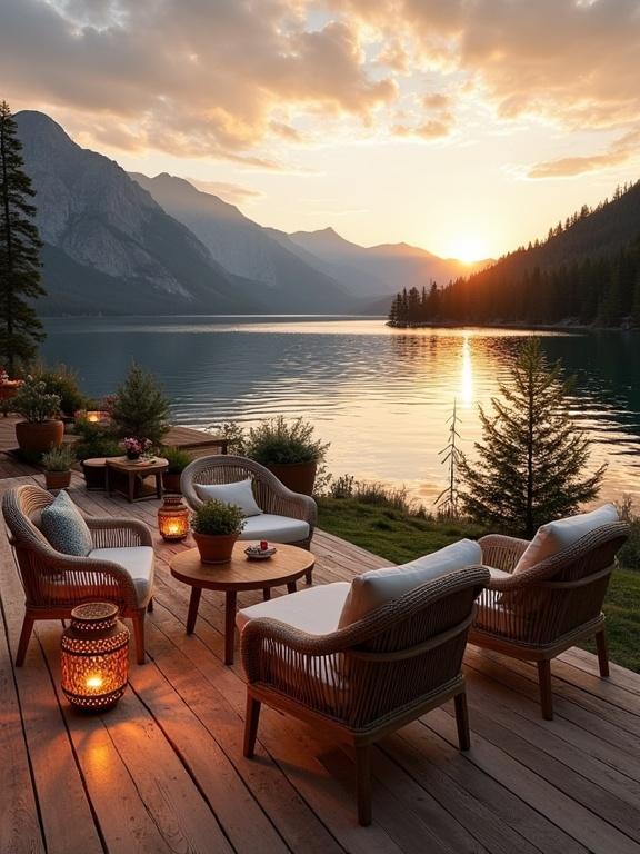 A serene lakeside view with a rustic outdoor setting at sunset. Chairs are arranged around a wooden table on a deck. Mountains in the background reflect on the lake's calm surface. Lanterns glow softly, enhancing the tranquil ambiance. Flowers in pots add color to the natural scene.