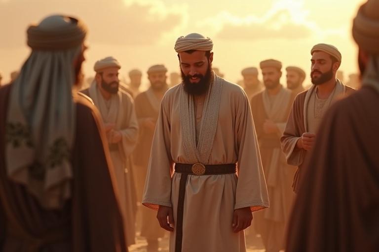 3D artistic shot of messengers bringing news of victory over Persia and Rome. Hazrat Umar lowers his head in humility surrounded by surprised friends. The scene maintains a dignified tone without celebration.