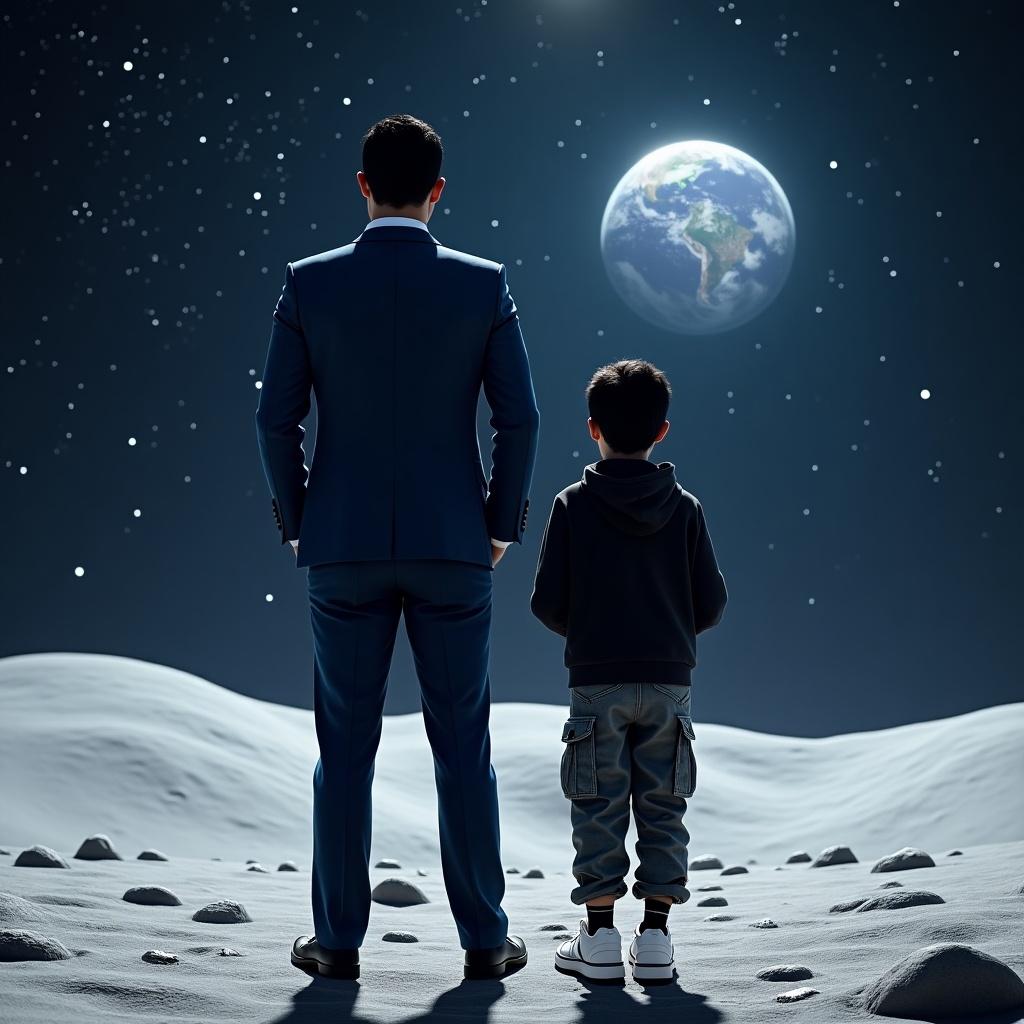 Realistic image depicts a father and son on the moon. They stand together, gazing at earth and the galaxy. Father wears a blue suit, son in a black hoodie and military pants. View shows them from behind. Scenic backdrop of space and stars.