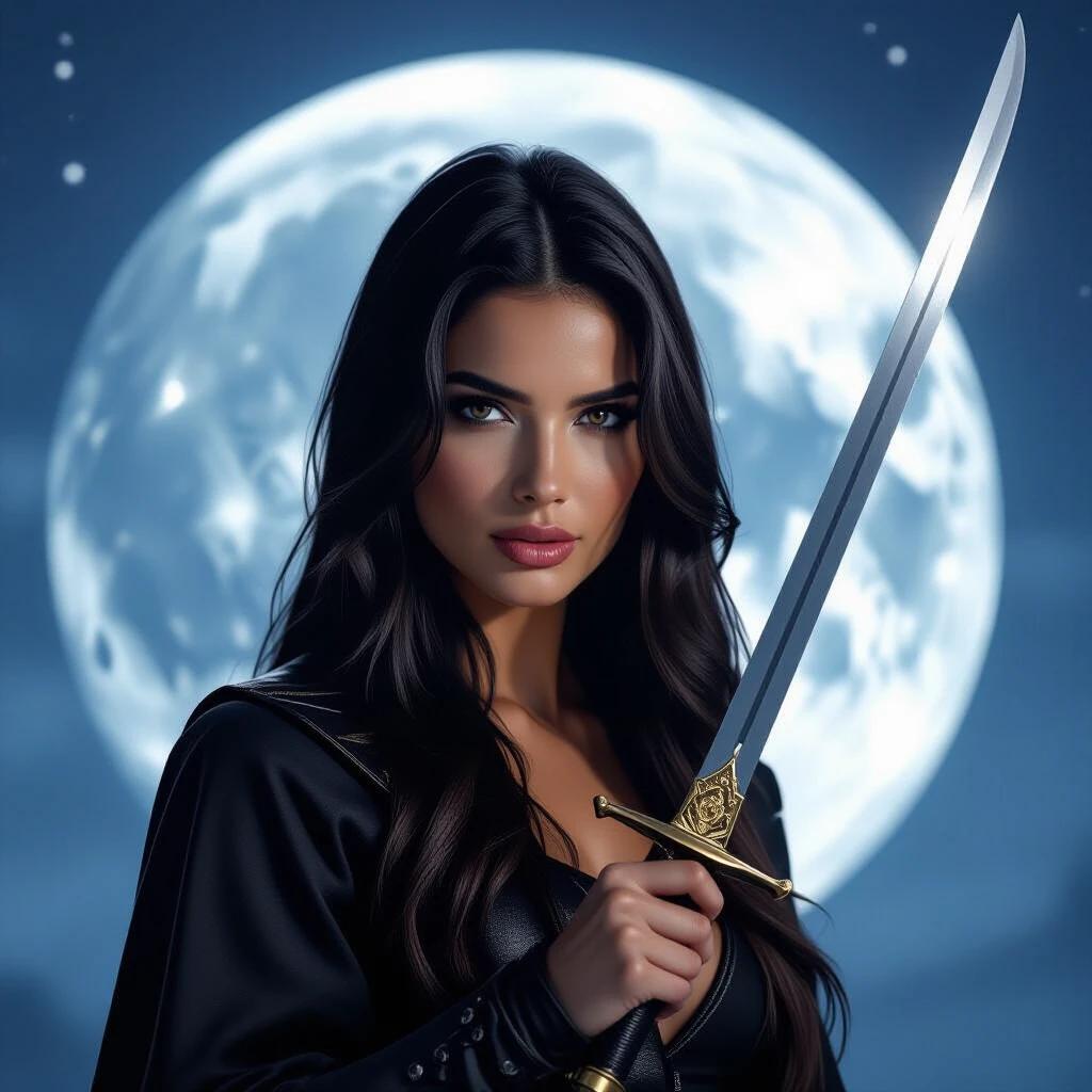 Female character inspired by Zorro holding a thin sword in front of a full moon