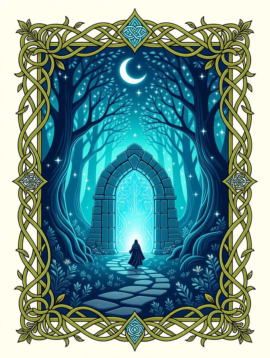 A magical paper-cut art illustration featuring an ornate border with twisted vines. An ancient stone archway portal glows with blue light in an enchanted forest. Towering trees with glowing leaves surround the portal. Wisps of magic float between branches. A robed wizard approaches along a winding stone path. A silver crescent moon shines above. The frame has Celtic knotwork and vine patterns in green and silver. Multiple layers create depth with woodland details. Soft blue and warm glows contrast with shadows. A vector-style illustration with a mystical color palette.